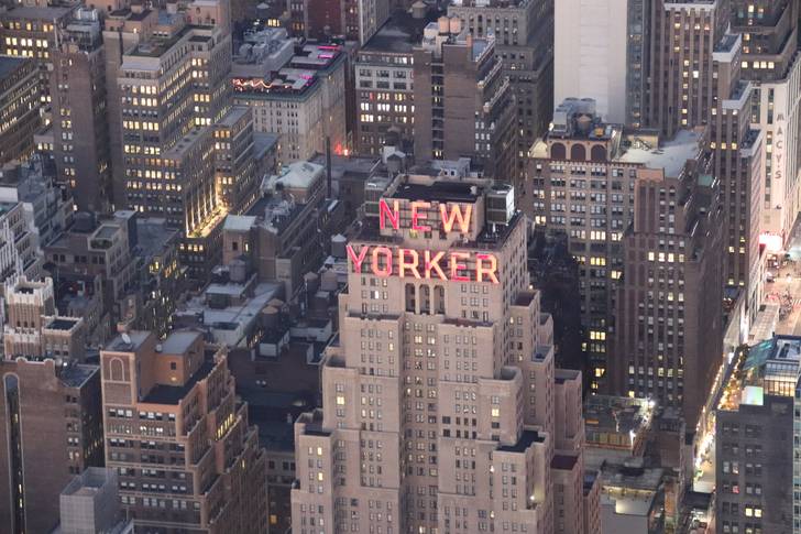 the New Yorker hotel in Midtown, seen from a helicopter